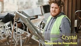 Presentation with metal recycling - PPT layouts having portrait-of-red-haired-volunteer background and a tawny brown colored foreground