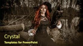  Presentation with raven black - Beautiful PPT theme featuring portrait-of-redhead-witch backdrop and a wine colored foreground