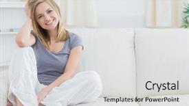  Presentation with home - Audience pleasing PPT theme consisting of portrait of relaxed young woman backdrop and a  colored foreground