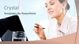  Presentation with secretary - Amazing slide deck having portrait of responsible secretary doing some computer work backdrop and a sky blue colored foreground