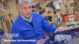  Presentation with carpenter - Theme having portrait of retired carpenter sitting at his workshop background and a royal blue colored foreground