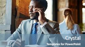  Presentation with busy work - Slide set with portrait of rich successful african american man wearing business suit busy talking by smartphone while writing work notes at table in modern restaurant background and a teal colored foreground