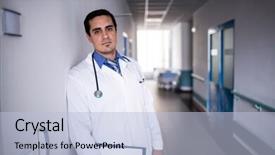  Presentation with sad - Cool new PPT theme with portrait of sad doctor leaning backdrop and a light blue colored foreground