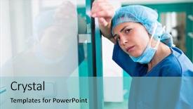  Presentation with healthcare workers - Colorful PPT theme enhanced with portrait of sad surgeon leaning backdrop and a light blue colored foreground