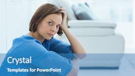  Presentation with woman sad - PPT theme having portrait of sad young woman background and a teal colored foreground