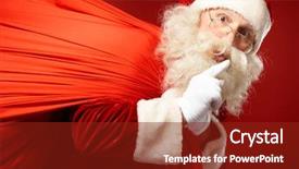 Presentation with forefinger - Presentation with portrait of santa claus with huge red sack keeping forefinger by his mouth and looking at camera background and a tawny brown colored foreground