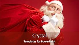 Presentation with forefinger - PPT theme enhanced with portrait of santa claus with huge red sack keeping forefinger by his mouth background and a crimson colored foreground