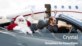  Presentation with private jet - Colorful PPT layouts enhanced with portrait of santa waving hand backdrop and a gray colored foreground