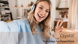  Presentation with music headphones - Cool new PPT layouts with portrait of satisfied blond girl 20s wearing headphones smiling and taking selfie photo while listening to music at home backdrop and a coral colored foreground