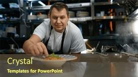  Presentation with pasta - Presentation having portrait-of-satisfied-chef-placing background and a tawny brown colored foreground