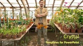  Presentation with greenhouse - PPT theme enhanced with portrait-of-satisfied-handsome-young background and a tawny brown colored foreground