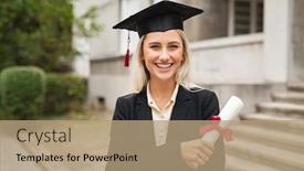  Presentation with happy young student girl holding - Presentation theme consisting of portrait-of-satisfied-student background and a coral colored foreground