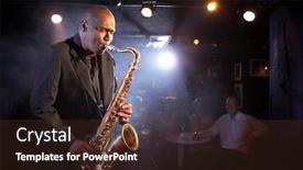  Presentation with stage - Amazing PPT theme having portrait-of-saxophone-player backdrop and a tawny brown colored foreground