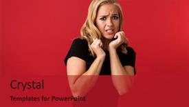  Presentation with nails - Colorful slide set enhanced with portrait of scared blond woman backdrop and a crimson colored foreground
