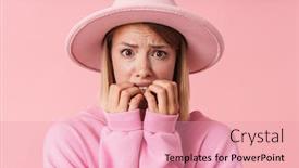  Presentation with pink nails - Cool new PPT layouts with portrait-of-scary-young-woman backdrop and a coral colored foreground