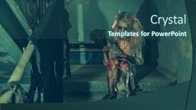  Presentation with scary halloween - Cool new PPT layouts with portrait of scary zombie girl on the stairs with a toy halloween horror film backdrop and a ocean colored foreground