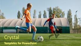  Presentation with soccer field - Presentation design consisting of portrait-of-school-boys-training background and a tawny brown colored foreground