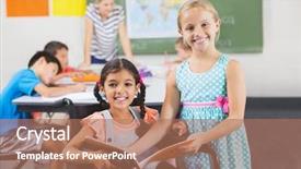  Presentation with school kids - Presentation theme featuring school kids holding book background and a coral colored foreground