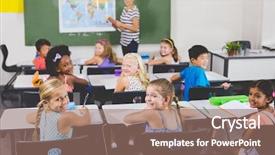  Presentation with geography - Audience pleasing presentation theme consisting of portrait of school kids smiling during geography class at school backdrop and a coral colored foreground