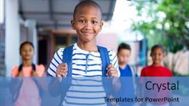  Presentation with classmates - Beautiful theme featuring portrait of schoolboy with classmates in background at school corridor backdrop and a teal colored foreground