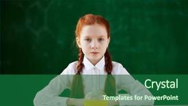  Presentation with chemical - Beautiful PPT theme featuring portrait of schoolgirl sitting at workplace with chemical liquid in front backdrop and a ocean colored foreground