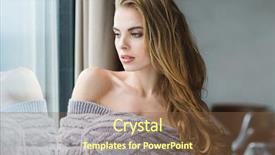  Presentation with coverlet - Colorful presentation design enhanced with portrait of seductive blonde young female with long hair wrapped in grey knitted coverlet backdrop and a tawny brown colored foreground