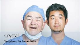  Presentation with senior asian - PPT theme enhanced with portrait of senior adult surgeon and a young asian doctor background and a light blue colored foreground