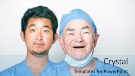  Presentation with senior asian - Slide deck featuring portrait of senior adult surgeon and a young asian doctor background and a light blue colored foreground