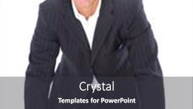  Presentation with interview - Colorful slides enhanced with portrait of senior businessman sitting during an interview isolated against white background backdrop and a dark gray colored foreground