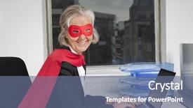  Presentation with superhero businesswoman - Presentation theme having portrait of senior businesswoman in superhero costume using laptop at office desk background and a ocean colored foreground