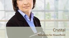  Presentation with lobby - Beautiful presentation featuring portrait of senior businesswoman at office lobby backdrop and a soft green colored foreground