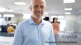  Presentation with social distancing - Slide set enhanced with portrait-of-senior-caucasian-businessman background and a light blue colored foreground