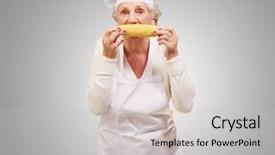  Presentation with corn cob - PPT theme consisting of portrait of senior cook woman eating corn cob over grey background background and a light gray colored foreground