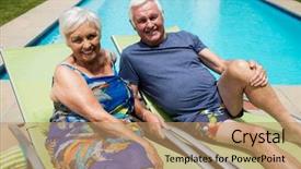  Presentation with lounge - Colorful presentation design enhanced with portrait of senior couple relaxing on lounge chair at poolside backdrop and a coral colored foreground