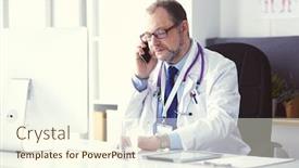  Presentation with doctor office call center - PPT layouts enhanced with portrait-of-senior-doctor background and a cream colored foreground