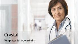  Presentation with portrait of excited overjoyed female - Amazing slide deck having portrait of senior female doctor backdrop and a  colored foreground