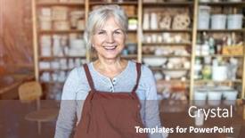  Presentation with pottery - Beautiful slide deck featuring portrait-of-senior-female-pottery backdrop and a tawny brown colored foreground