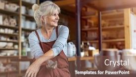 Presentation with pottery - Amazing PPT theme having portrait-of-senior-female-pottery backdrop and a violet colored foreground