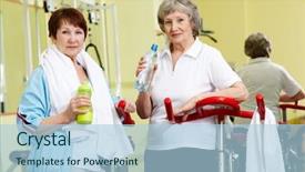  Presentation with females - Slide deck featuring portrait of senior females with plastic bottles looking at camera in gym background and a light blue colored foreground