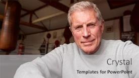  Presentation with leather bags - Presentation design consisting of portrait-of-senior-male-boxing background and a light gray colored foreground