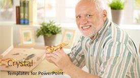  Presentation with at home senior care - Slide deck featuring portrait of senior man having pizza slice at home smiling at camera background and a coral colored foreground