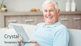  Presentation with at home senior care - Beautiful slide deck featuring portrait of senior man using backdrop and a sky blue colored foreground
