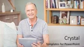  Presentation with using digital tablet - PPT layouts having portrait of senior man using background and a mint green colored foreground