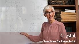  Presentation with math teacher - Presentation design with portrait-of-senior-professor-explaining background and a tawny brown colored foreground