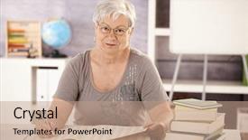  Presentation with teacher - PPT layouts having portrait of senior teacher sitting background and a coral colored foreground