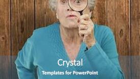  Presentation with looking glass - Presentation design with portrait of senior woman looking through a magnifying glass against a wooden wall background and a teal colored foreground