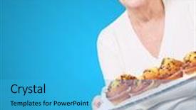  Presentation with muffin - PPT theme enhanced with portrait of senior woman showing a chocolate muffin tray over blue background background and a teal colored foreground