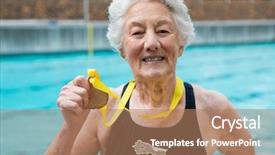  Presentation with gold medal - Slide deck having portrait of senior woman showing background and a coral colored foreground