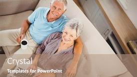  Presentation with senior living - Slides having portrait of senior woman sitting with man on sofa and using laptop in living room background and a coral colored foreground