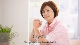  Presentation with woman office desk - Presentation theme having portrait of senior woman sitting at office desk smiling at camera background and a lemonade colored foreground